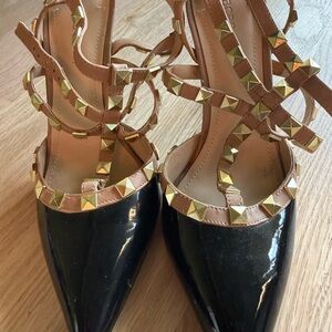 BCBGeneration Black Patent Pointed-Toe Heels with Tan Studded Straps